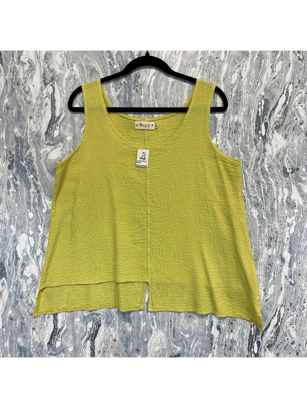 Boho Artsy Lagenlook Textured Lemon Yellow Asymetrical Sleeveless Tank (S)